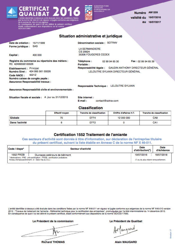 Certification 1552 Traitement de l'amiante Qualibat